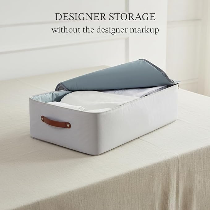 Under Bed Storage Container – Foldable Underbed Storage Bin for Clothes & Bedding, Canvas Under Bed Storage Box with Lid, Low Profile 8″ Organizer with Handles