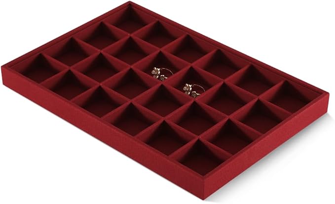 Linen 24 Grid Stackable Rings Earrings Display Tray, Brooch Ear Stud Cufflinks StorageTray, Jeweler Shop Counter Showcase Table Top Organizers, Makeup Table Drawer Insert Jewelry Tray