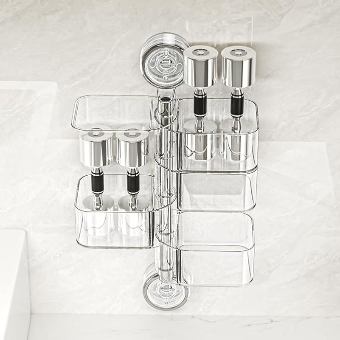 4-Layer Rotating Transparent Suction Cups Wall Mounted Organizer for Small Items,Bathroom Holder for Trinkets Hairpin Q-Tips mini beauty sponges (4-Tier-Clear, M)