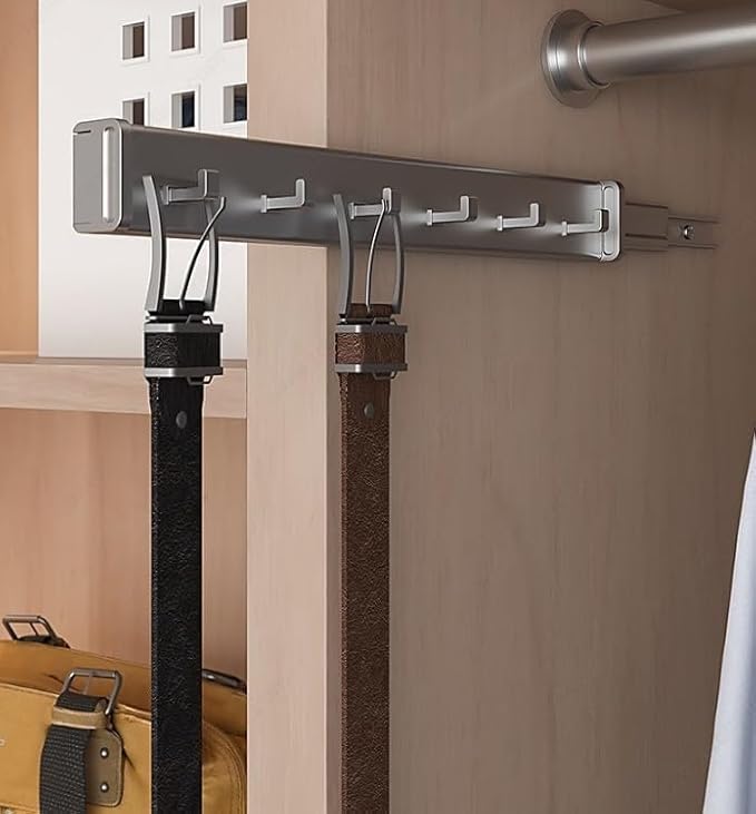 6-Hook Designer Wardrobe Reversible 13.75" Length Closet Belt Rack with 12" Retractable Pullout Extension and Installation Hardware (Matte Nickel)