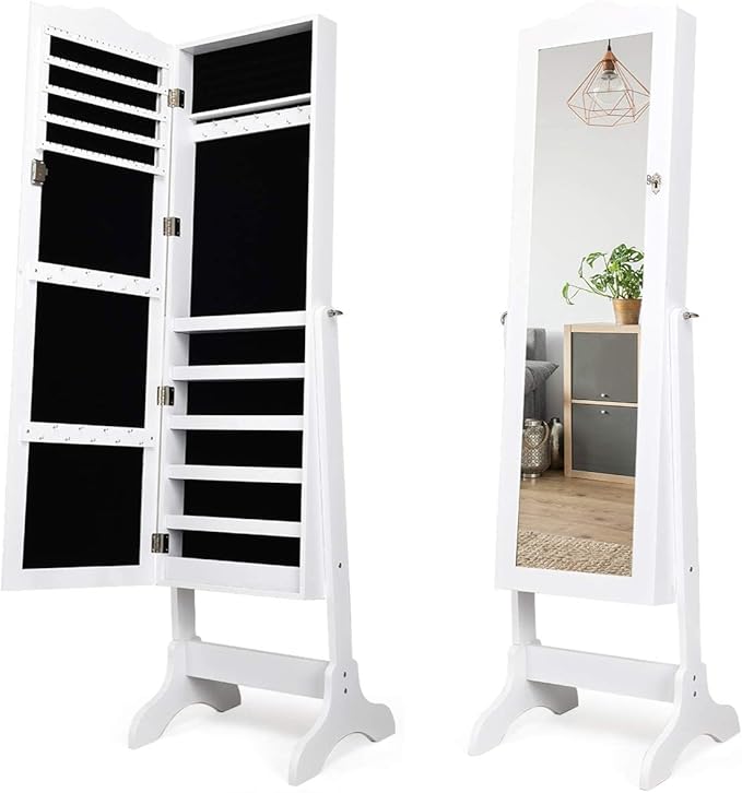 Giantex Jewelry Armoire with Full Length Mirror, Lockable Standing Jewelry Cabinet, Mirror with Jewelry Storage, Ring Earring Necklace Makeup Display, Jewelry Organizer Box for Women Girls (White)