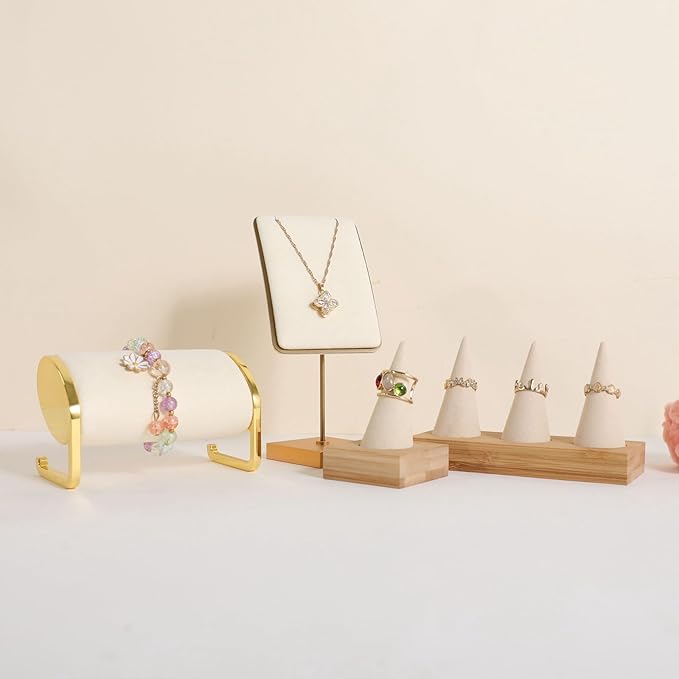GemeShou Beige wood ring storage organizer, Velvet Jewelry ring display holder, Cute ring display stand for selling, wedding ring holder at nightstand【Beige with single cone】