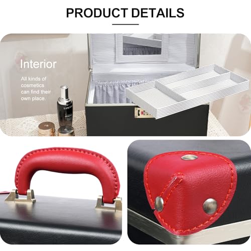 urecity Vintage Makeup Train Case, Black Artificial Leather with Red Trim, Professional Cosmetic Organizer with Metal Combination Lock, Multi-Layer Storage Box