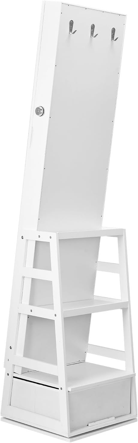 VEVOR 360° Swivel Jewelry Cabinet Armoire, 63-Inch Tall Lockable Jewelry Organizer with Full-Length Mirror, LED Light, Velvet Lining, Drawer, Freestanding, White