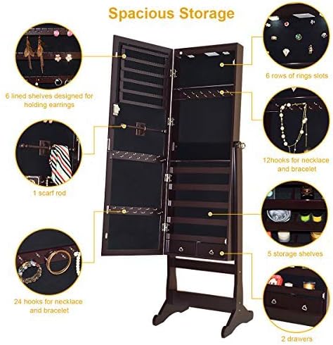 GOFLAME Jewelry Cabinet Mirror with LED Lights Two Drawers Lockable Standing Jewelry Armoire Organizer Large Capacity Jewelry Holder Organizer Storage (Brown)