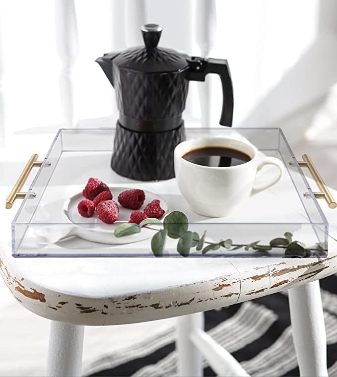 11"x14" Clear Acrylic Serving Tray with Golden Handles, Sturdy Huge Capacity Acrylic Tray for Coffee, Juice, Kitchen and Desk Organizer (11"x14")