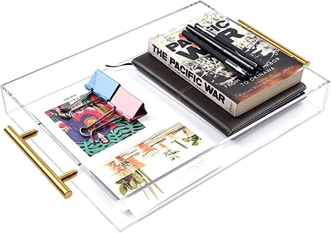 11"x14" Clear Acrylic Serving Tray with Golden Handles, Sturdy Huge Capacity Acrylic Tray for Coffee, Juice, Kitchen and Desk Organizer (11"x14")