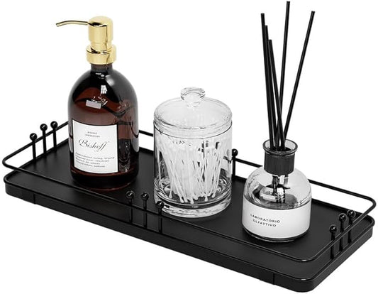 Bathroom Vanity Tray for Countertop Toiletries Perfume Makeup Soap Dispenser Toilet Tank, Kitchen Tray for Salt Spice, Black Decor Tray for Candle Nightstand Coffee 11.3”x 4.4”