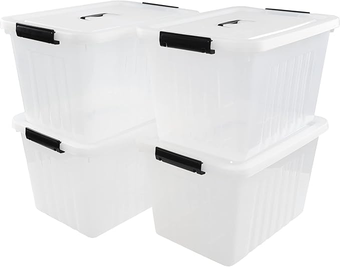 4-Pack 25 Quart Storage Boxes, Plastic Storage Latch Bin with Handle, Clear