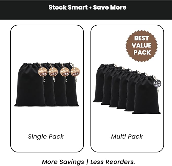 LFH Cotton Shoe Storage Bags with Drawstring, Dustproof Breathable Reusable Organizer, Perfect For Travel, Dorm, Hotel, College, Gym, Easy to Carry, Machine Washable 12"x17" (Pack of 4) - Black sand
