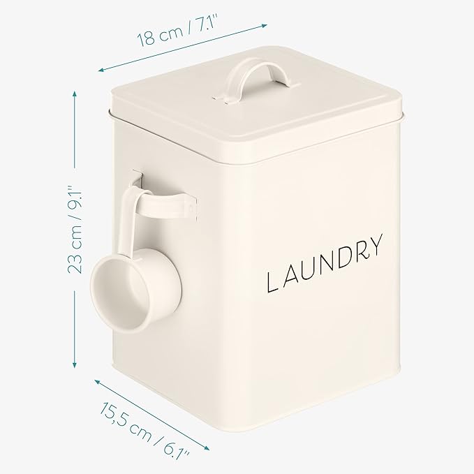 Navaris Laundry Detergent Container with Scoop - Powder Laundry Soap Tin - Vintage Style Metal Organizer Canister Box with Lid and Handles - White