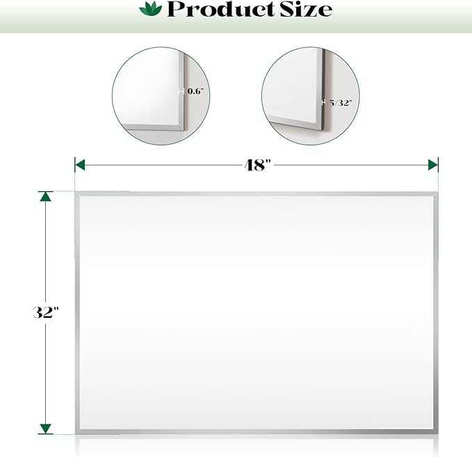 Beveled Bathroom Mirror, 48"x32" Frameless Mirror for Wall, Bathroom Vanity Mirrors for Entryway, Bedroom, Living Room Hangs Horizontally or Vertically
