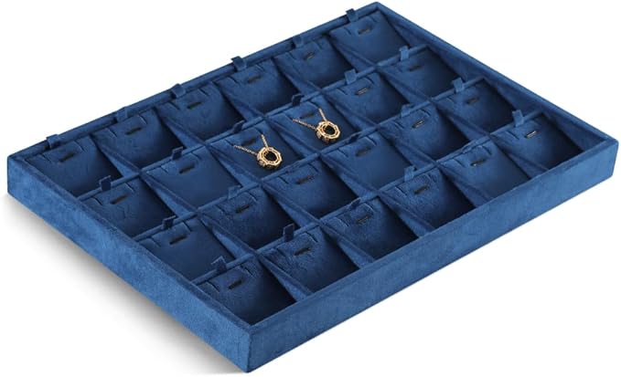 Velvet Necklace Display Tray, Stackable 24 Grid Insert Pendant Necklaces Storage Holder Plate, Jewelry Retail Countertop Organizer (Blue)