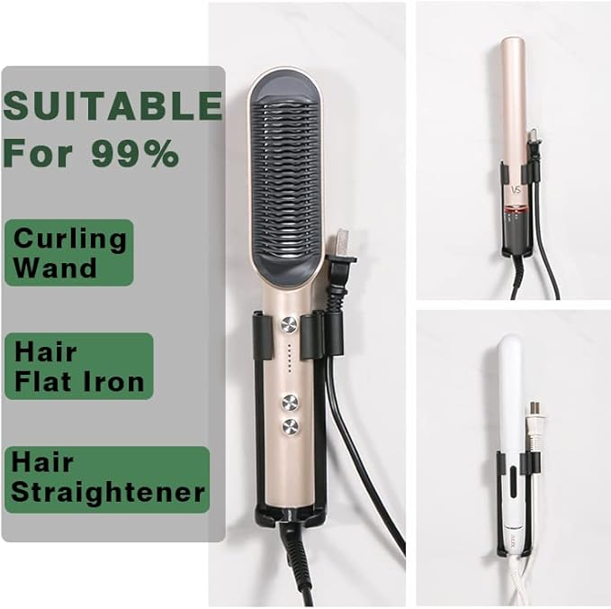 Wall Mount Holder for Hair Styling Tools - Aluminum Alloy Storage Rack for Curling Irons, Straighteners & Multi-Styler Attachments - No Drill Adhesive or Screw Mount (Black)