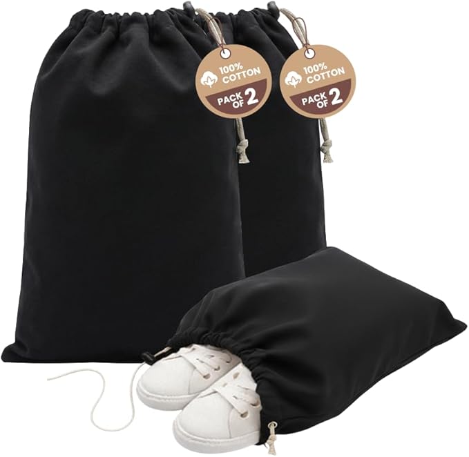 LFH Cotton Shoe Storage Bags with Drawstring, Dustproof Breathable Reusable Organizer, Perfect For Travel, Dorm, Hotel, College, Gym, Easy to Carry, Machine Washable 8"x17" (Pack of 2) - Black sand