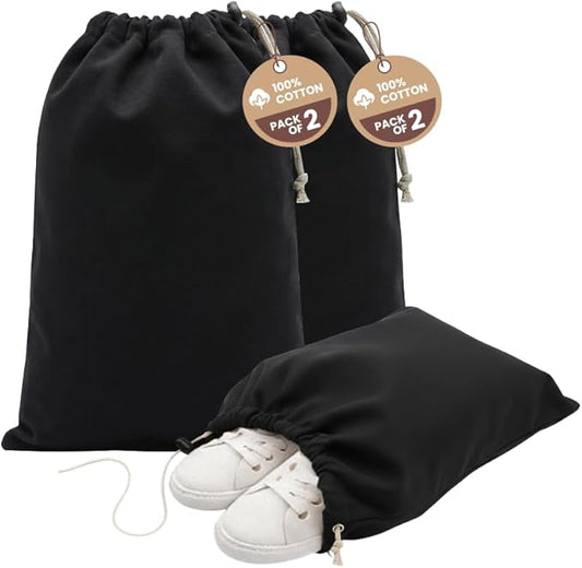 LFH Cotton Shoe Storage Bags with Drawstring, Dustproof Breathable Reusable Organizer, Perfect For Travel, Dorm, Hotel, College, Gym, Easy to Carry, Machine Washable 8"x17" (Pack of 2) - Black sand