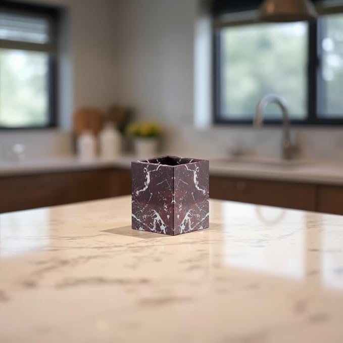 Marble Toothbrush Holder – 4.1" Genuine Stone Bathroom Cup for Makeup Brushes, Pens & Utensils | Natural Marble Organizer for Vanity, Countertop & Home Décor (Rosso Lepanto Red)