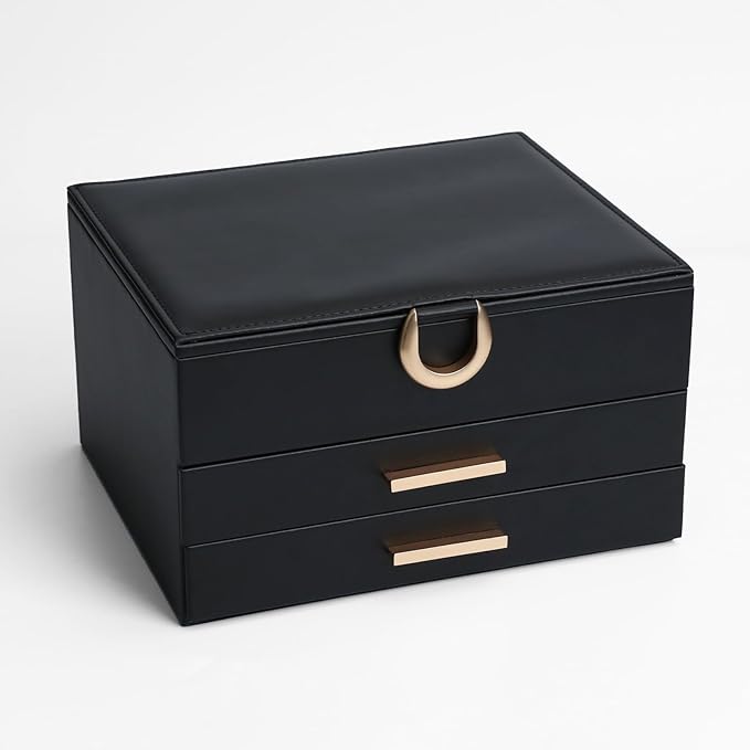 Large Jewelry Organizer Box with Mirror - Features Ring Rolls, Necklace Hooks, Earring Slots, Plush Interior for Luxury Protection Black