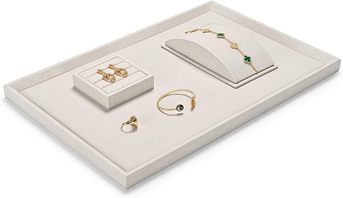 PU Leather Jewelry Flat Tray Jewelry Display Holder Showcase Jewelry Display Organizer Tray,Catchall Tray, Valet Tray, Nightstand or Dresser Organizer(Large,Beige)