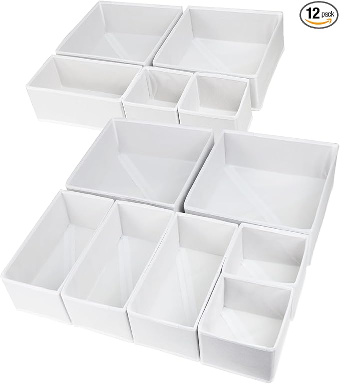12 Pack Drawer Organizer Clothes, Foldable Fabric Dresser Organizer Closet Organizers and Storage Box for Underwear,Folded Clothes,Baby Clothing,Socks,Bra,Towels,Ties(12 Pack,White)