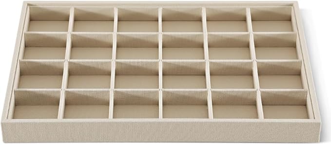 Linen 24 Grid Stackable Rings Earrings Display Tray, Brooch Ear Stud Cufflinks StorageTray, Jeweler Shop Counter Showcase Table Top Organizers, Makeup Table Drawer Insert Jewelry Tray