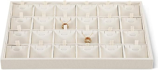 Linen Stackable Necklace Storage Tray, 24 Grid Pendant Display Tray, Jewellery Shop Counter Showcase Table Top Organizers, Makeup Table Drawer Insert Jewelry Tray
