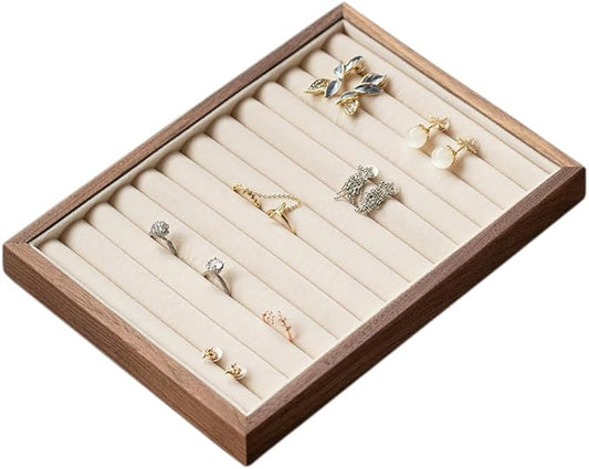 12-Line Black Walnut Wooden Jewelry Tray with Velvet Lining - Premium Ring & Earrings Storage Organizer for Drawers, Luxury Jewelry Display Tray, Elegant Jewelry Organizer for Women