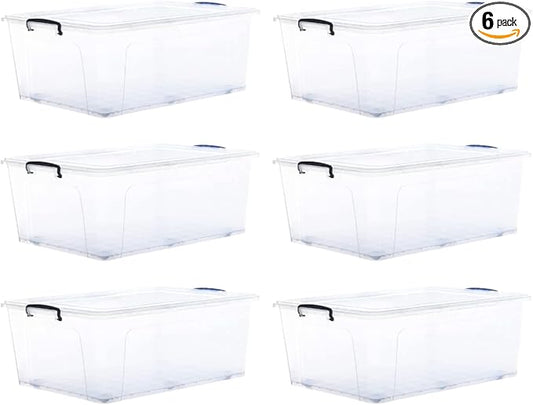 Superio Storage Bins with Lids- Clear Boxes for Organizing, Stackable Plastic Containers- BPA Free, Non-Toxic, Odor Free, Organizer for Home, Office, Dorm (6 Pack, 32 Qt (Wheeled))