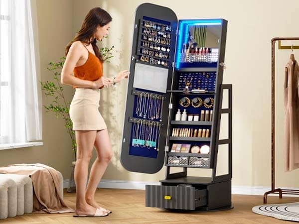 Full Length Mirror with Storage, 61" Mirror Jewelry Cabinet Standing, Rotating Jewelry Mirror Organizer Full Length, Lockable Jewelry Armoires with Velvet Lining for Women Gift