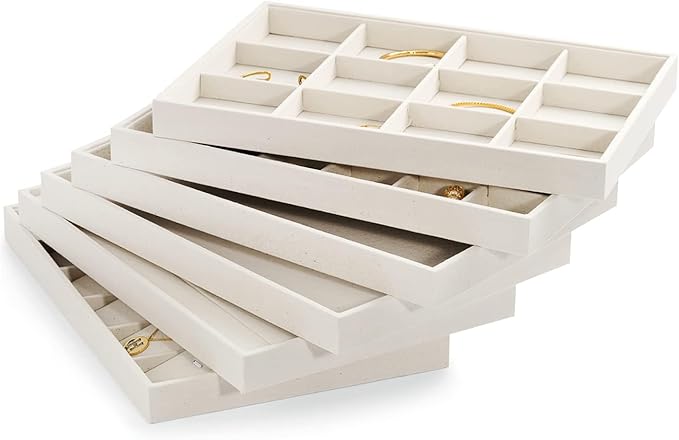 12 Grids Linen Jewelry Trays Bangl Earring Holder Tray Stackable Jewelry Organizer For Drawer (Beige)