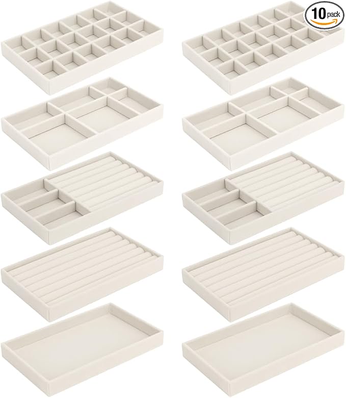 10 Pack Jewelry Organizer Tray Drawer Inserts Stackable Velvet Liner Dividers Customizable Jewellery Box Foam Ring Earring Holder Necklace Bracelet Storage Display Dish Flat in Dresser Vanity