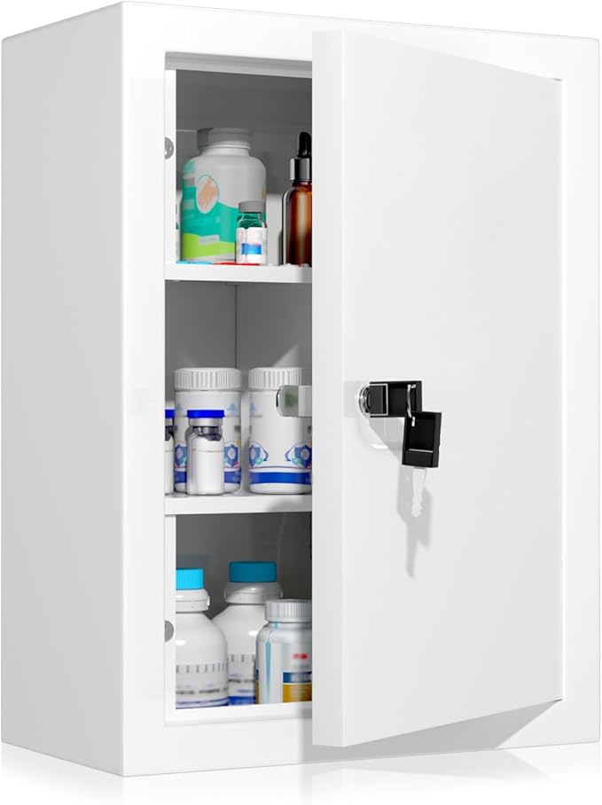 Locking Medicine Cabinet Wall-Mount: Storage Cabinet with Lock & Key - White Metal First Aid Kits for Family Safety and Childproofing