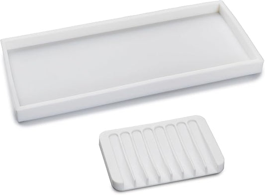 Bloss Small Bathroom Vanity Tray with Soap Dish, 8 x 4 inch Silicone Kitchen Sink Soap Tray,Bathroom Counter Trays Organizer for Candle Perfume Jewelry Key, Write