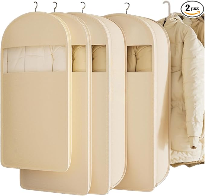 Gusseted Garment Bags for Hanging Clothes Suit Bags for Open Closet Storage, Side Clear Clothing Cover for Coat, Dress, Jacket, Shirt, Fur Wardrobe Protector, (ecru, 35 inch)