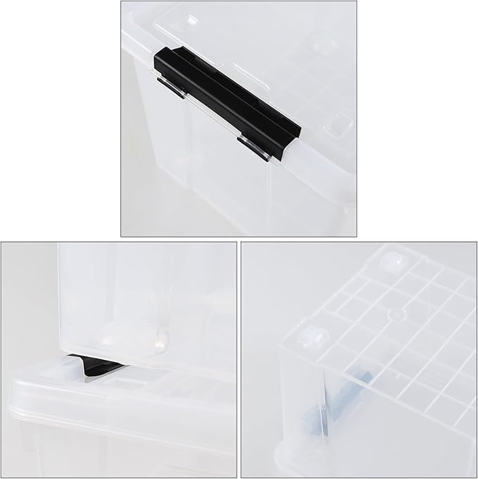 Sandmovie 40 Quart Clear Large Plastic Storage Bin, Latching Storage Box with Lids and Wheels, Pack of 4