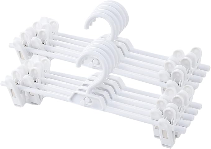 Pants Hangers, 10pcs Adjustable Clothes Hangers with Clips, Portable Drying Rack Travel Plastic Non-Slip Clothes Drying Hanger for Kids Or Adults Garments (White)