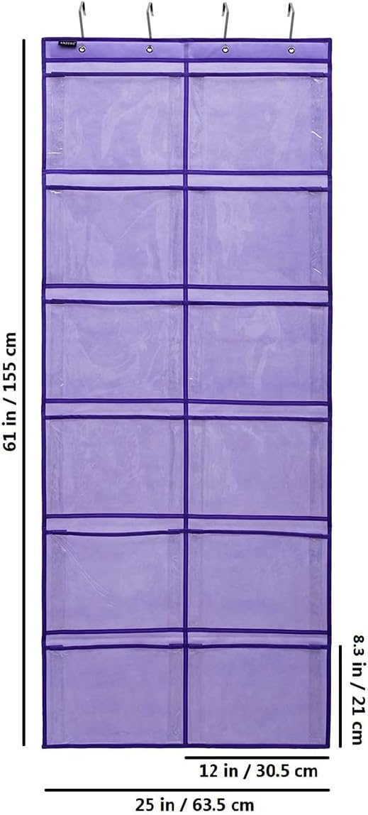 Extra Large Pocket Shoe Organizer - Hanging Shoe Rack with 12 Clear Pockets (Purple)