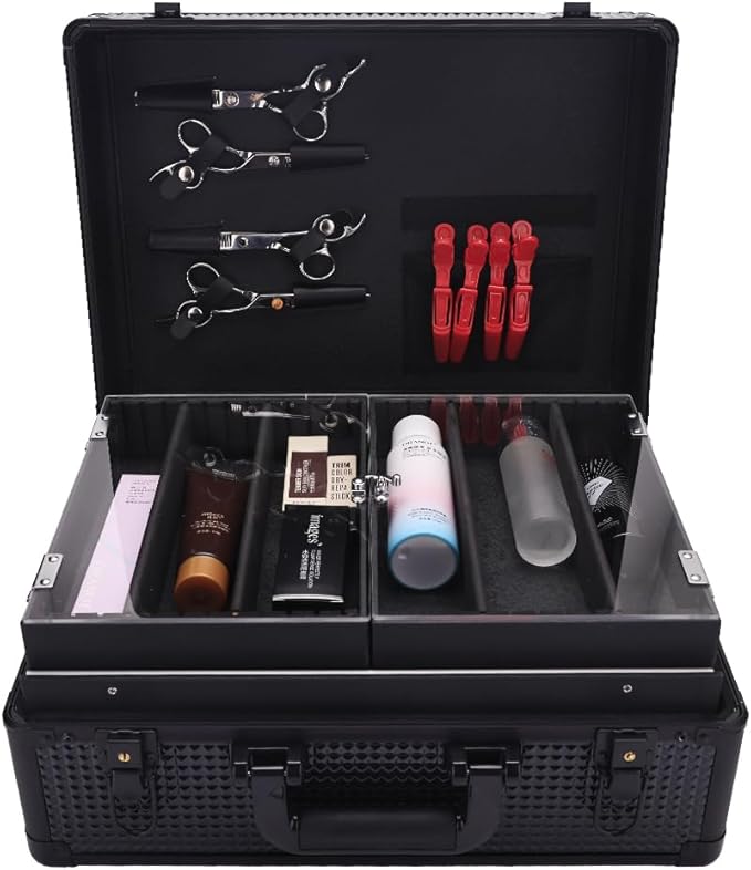 Makuep Train Case,Extra Large See-Through 6 Trays Makeup Box Travel Case Professional Cosmetic Storage for Makeup Artist, Nail Tech, Hairstylists Salon Barber Case