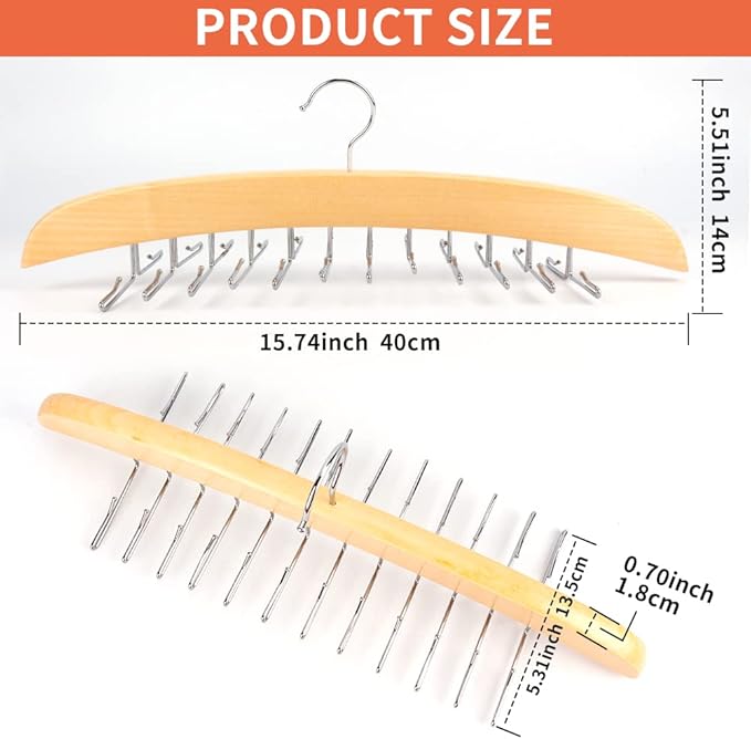 3 Pack Tank Top & Bra Hanger, Tie & Belt Hanger with Natural Wood, 24 Space Saving, 360 Rotating, Foldable Metal Hooks, Closet Organizer and Storage Rack for Tank Tops/Bras/Ties/Belts