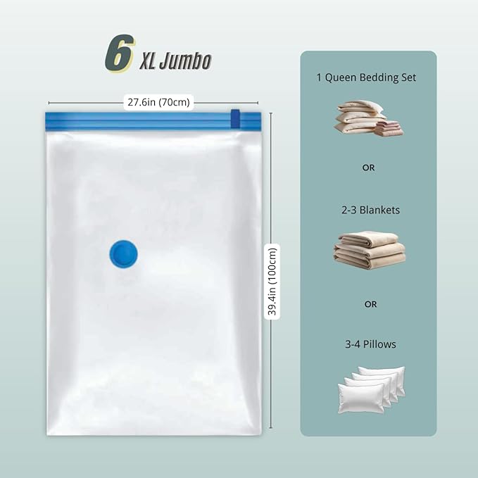 6 XL Jumbo Vacuum Storage Bags with Pump, Extra Large Compression Space Saver for Comforter, Duvet, Blanket, Bedding Storage, Vacuum Seal Bags for Clothing, Luggage Closet Organizer