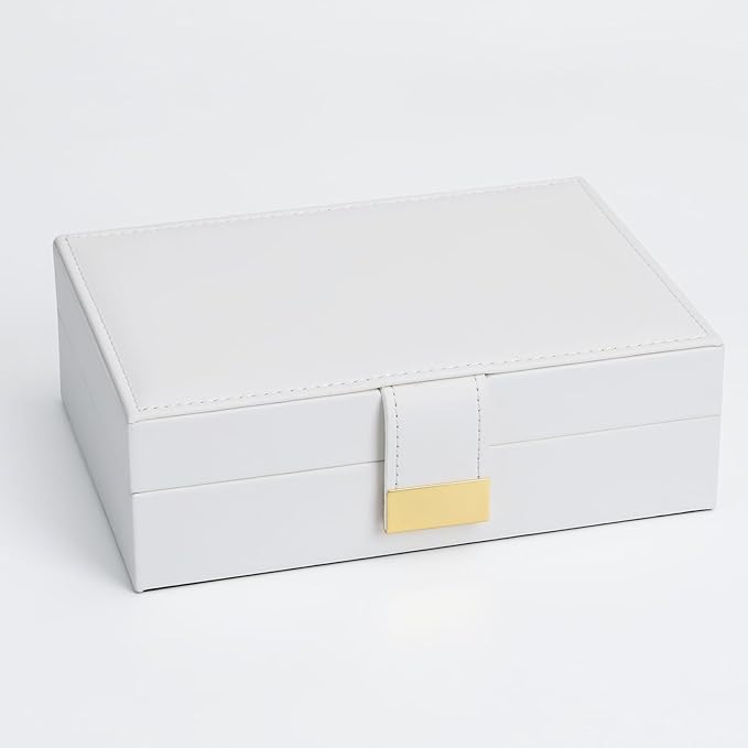 Portable Jewelry Organizer Box with Leather Strap Single Layer Storage for Earrings, Necklaces, Rings Travel Jewelry Case for Women White