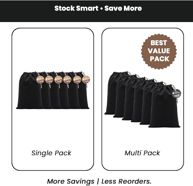LFH Cotton Shoe Storage Bags with Drawstring, Dustproof Breathable Reusable Organizer, Perfect For Travel, Dorm, Hotel, College, Gym, Easy to Carry, Machine Washable 8"x17" (Pack of 6) - Black sand