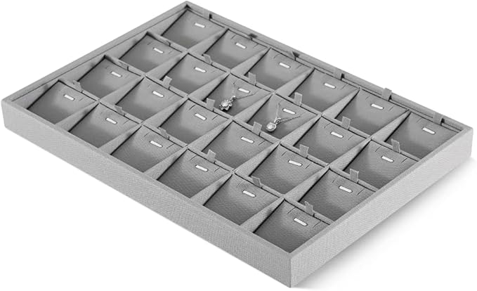 Linen Stackable Necklace Storage Tray, 24 Grid Pendant Display Tray, Jewellery Shop Counter Showcase Table Top Organizers, Makeup Table Drawer Insert Jewelry Tray