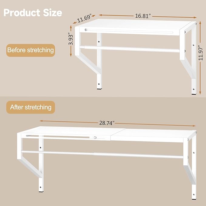 Expandable Closet Shelves Wall Mounted, 2 Pack Closet Shelving with Hanging Rods, Wall Shelving for Walk-in Closet, Hanging Shelves Organizer and Storage for Closet, Laundry