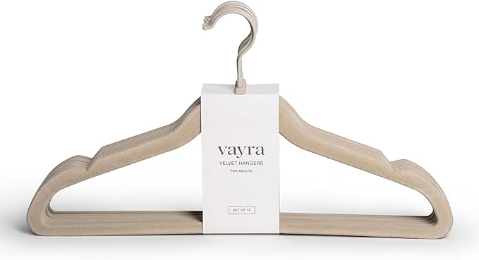Vayra Home Velvet Hangers – Non-Slip Clothes Hangers for Closet Organization – Neutral Beige, Strong Hold, Matte Hook – Adult (Set of 10)
