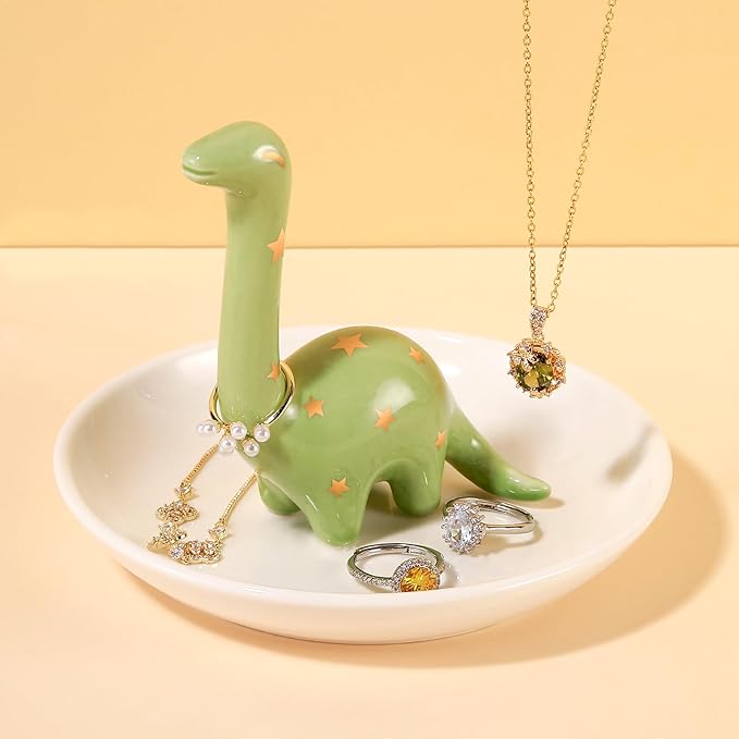 PUDDING CABIN Green Dinosaur Ring Holder Dish, Dinosaur Gifts Ring Holder for Rings Earrings Bracelets Necklace Organizer, Birthday Mothers Day Thanksgiving Christmas Gifts for Women