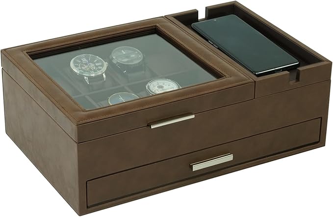 Men's Jewelry Box Organizer with Charging Station & Drawer - Premium Valet Tray for Watch, Phone, Wallet Storage - Brown