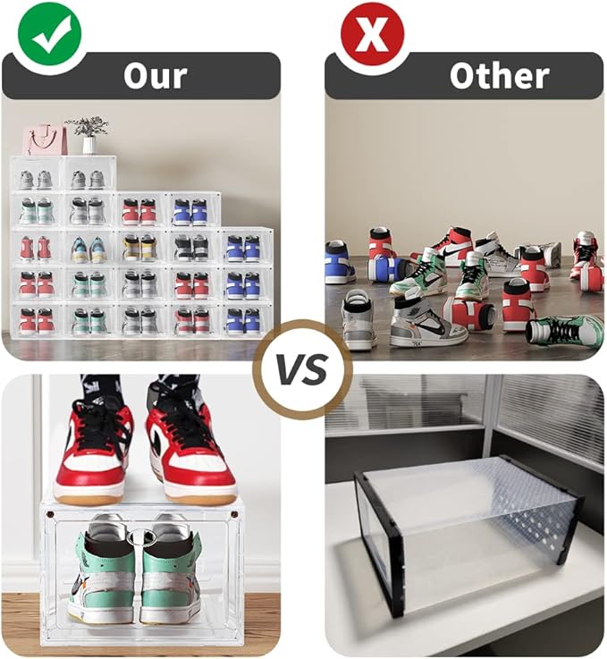 12 PACK Large Shoe Storage Boxes, Shoe Boxes Clear Plastic Stackable, Shoe Organizer for Size 12 (Grey 12 Pack)