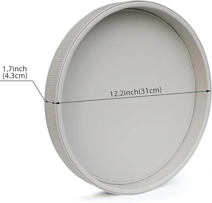HofferRuffer Round Decorative Tray, Faux Leather Vanity Tray Decor, Decorative Catchall for Perfume, Bathroom Valet, Nightstand or Dresser (Grey Stripe, Round-12" x 12" x 1.6")