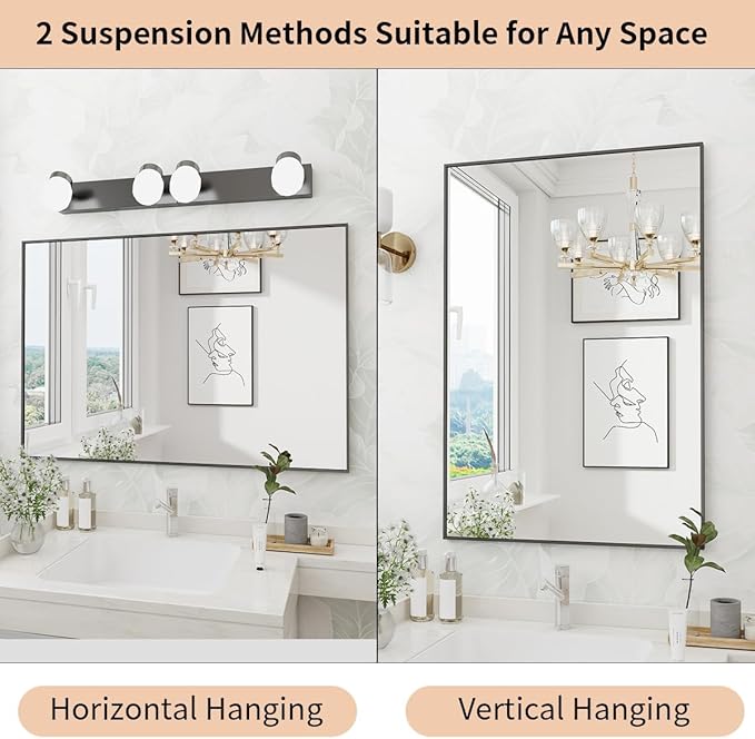 Koonmi Black Mirrors for Wall, 30x40 Inch Bathroom Mirror, Rectangular Wall Mirror for Living Room Bedroom Bathroom, Hangs Horizontally or Vertically